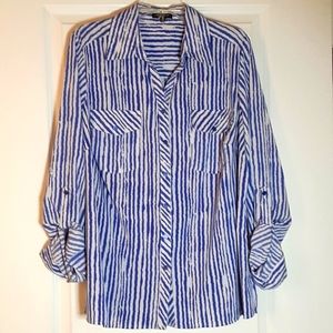 Notations Button Down Blouse 2x Long Sleeve or Roll-up Royal Blue & White
